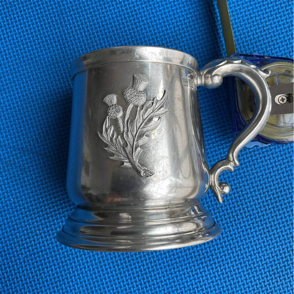 Edwin Blyde Co. England Pewter Tankard Beer Cup W/Ornate Handle Beautiful